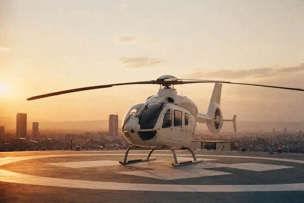 A medical helicopter parked on a rooftop hospital helipad at golden hour