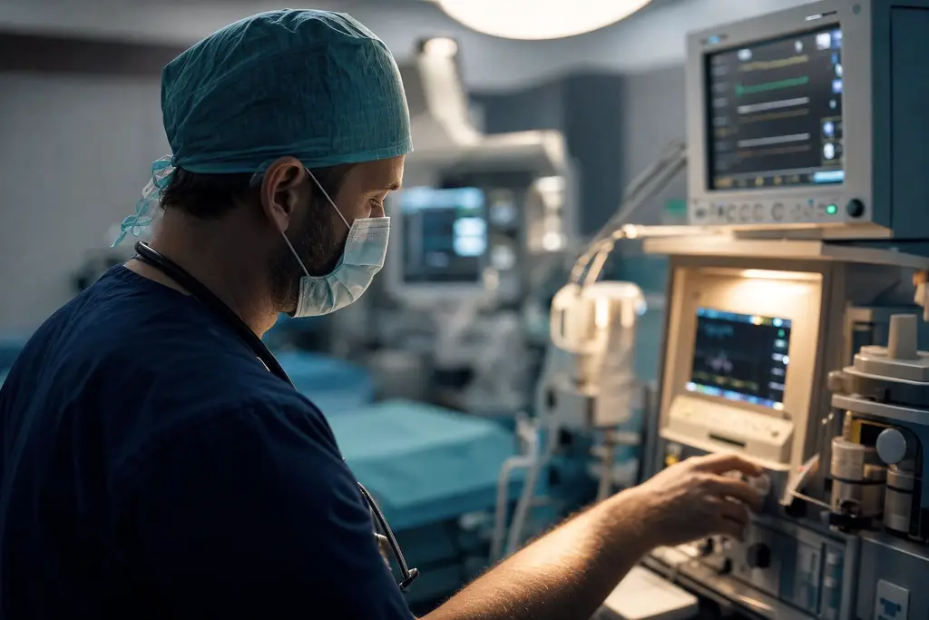 An anesthesiologist adjusting an anesthesia workstation before a procedure