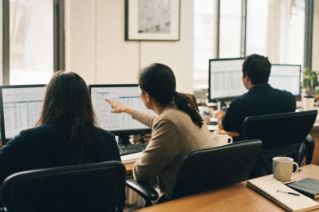 A revenue-cycle team working at a shared desk