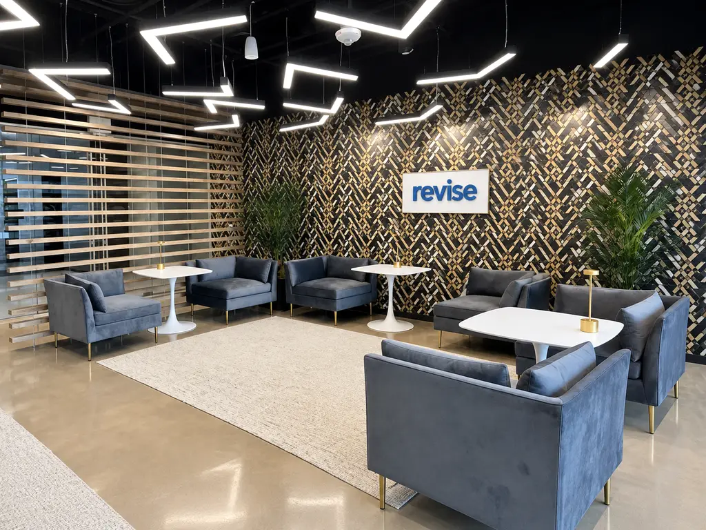 The Revise office lounge, with blue armchairs, white tables and the revise sign on a patterned wall