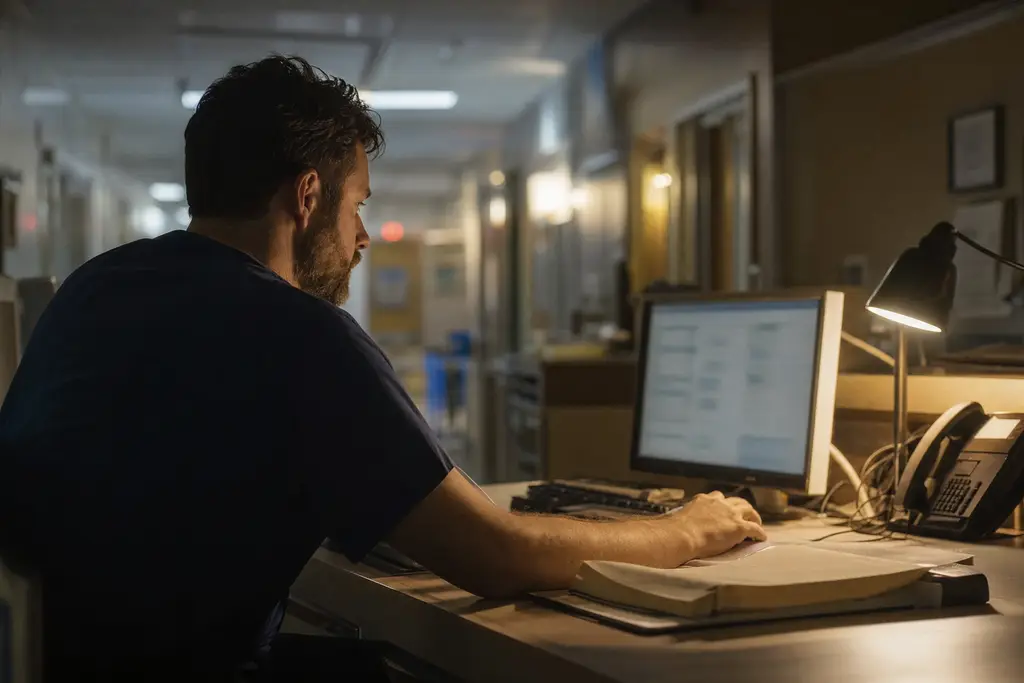 An emergency physician reviewing a chart at a workstation during a night shift