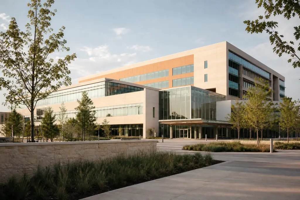 A large modern hospital building with a glass entrance atrium, seen across a landscaped plaza in late daylight