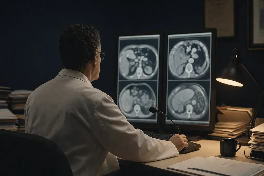 A radiologist reading cross-sectional scans on two monitors in a dim reading room